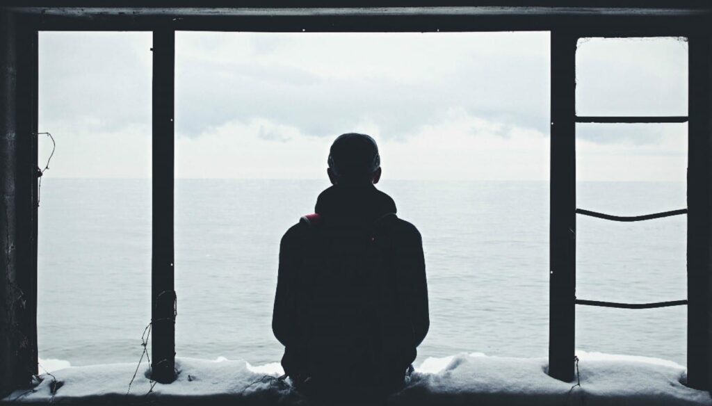 A man sitting on a snowy windowsill looking out at the water