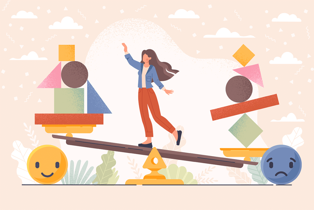 Person balancing on seesaw with geometric shapes.
